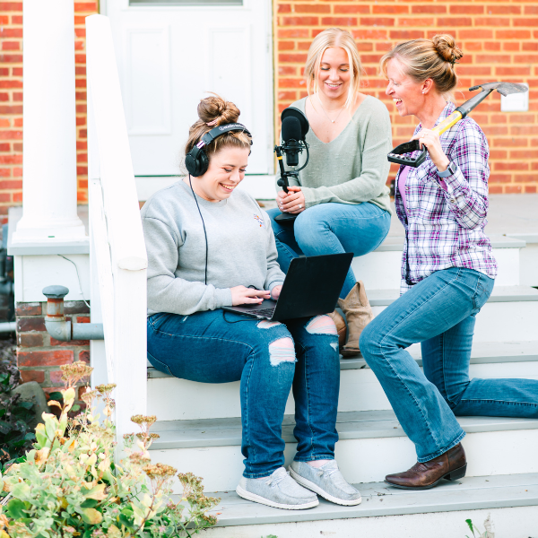 Liza, Lizzy and Amber of the Flower Files Podcast sitting on the front porch