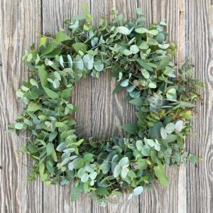 Fresh Eucalyptus Wreath on a rustic wood door.