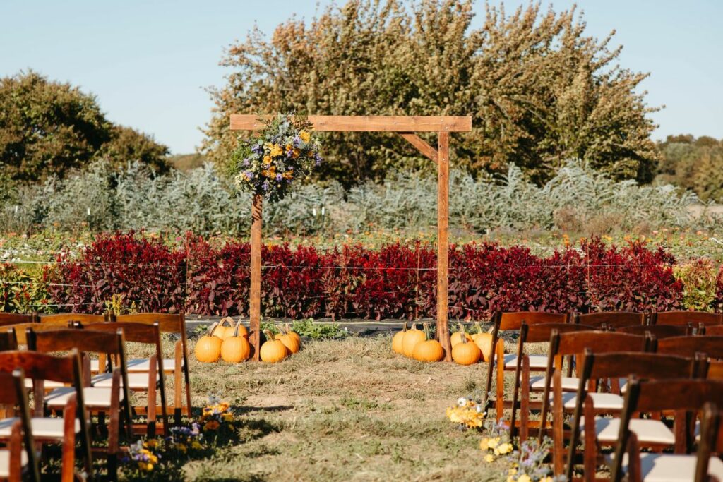 ceremony arch with wedding chairs and flowers