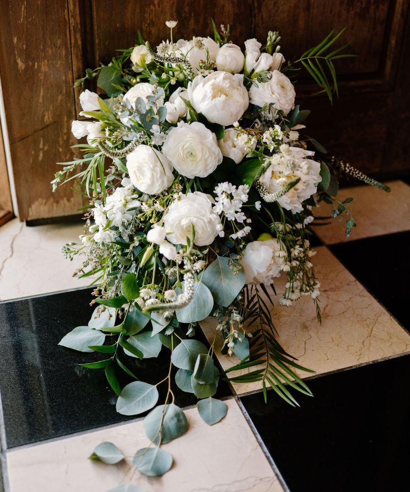 white and green cascading bouquet