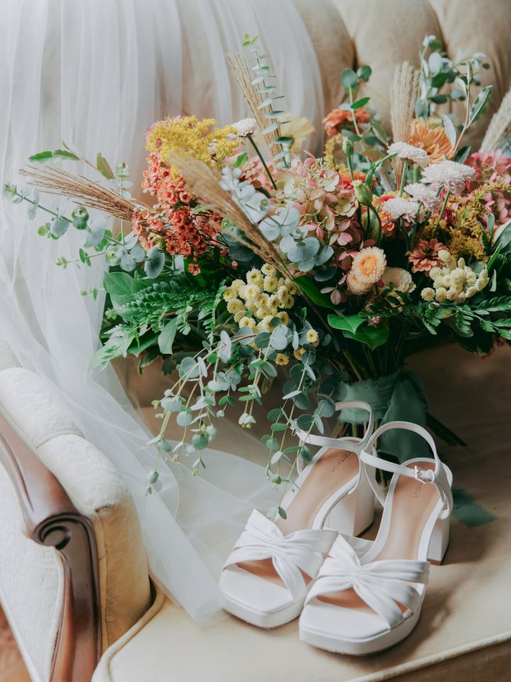 Wildly Native Flower Farm Bouquet with Wedding Shoes Portrait