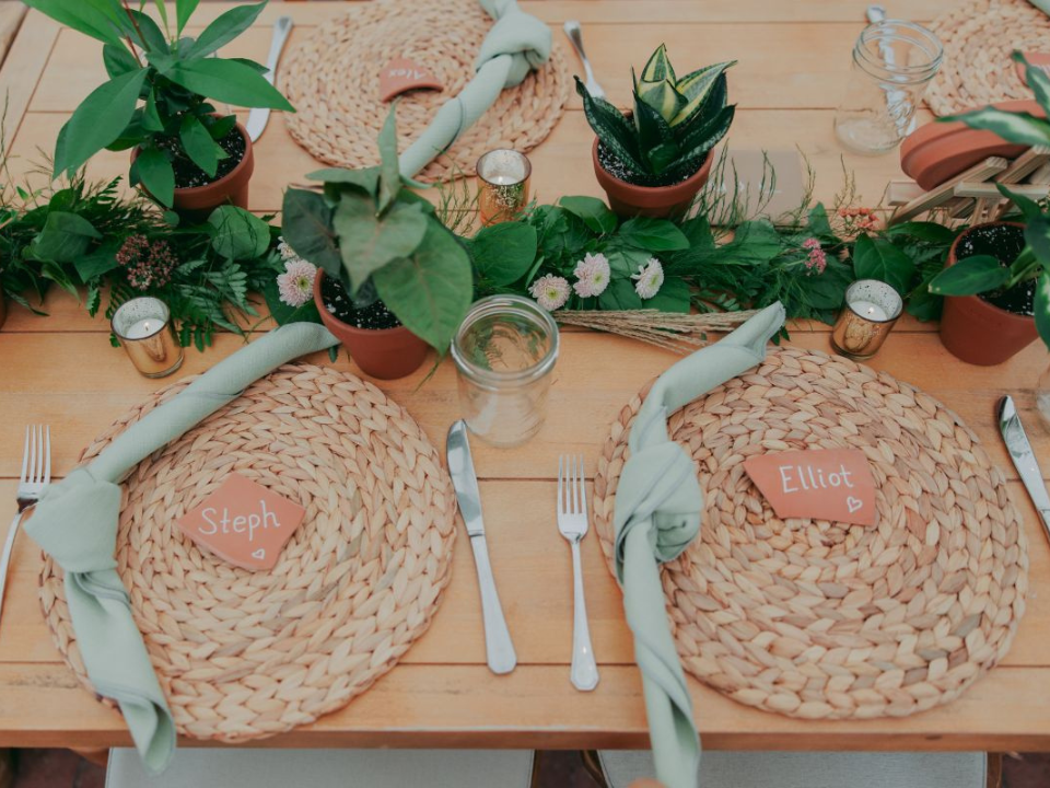 up close view of Table Setting with Potted Plants runner