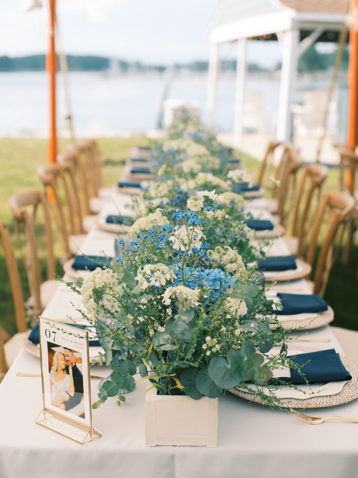 blue and white flower box on white rectangle table