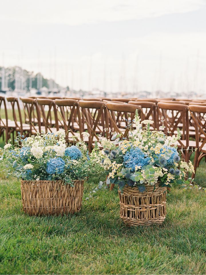 blue and white basket arrangements