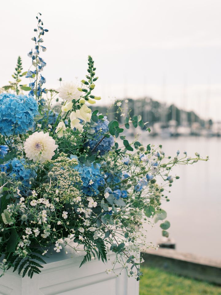 white and blue pedestal flowers on haven harbor marina