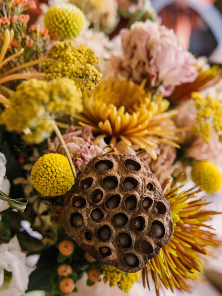 bridal bouquet made of fresh and dried flowers