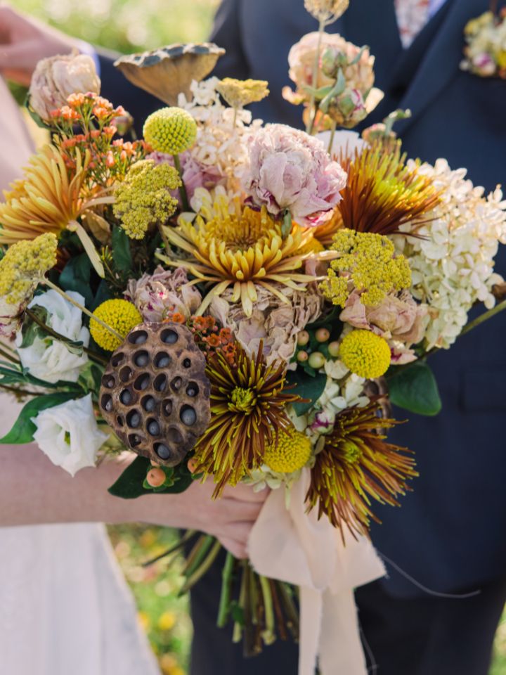 bridal bouquet made of fresh and dried flowers