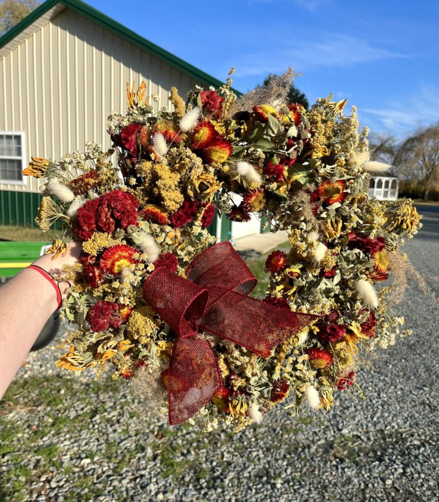 Dried wreath in harvest colors for autumn.