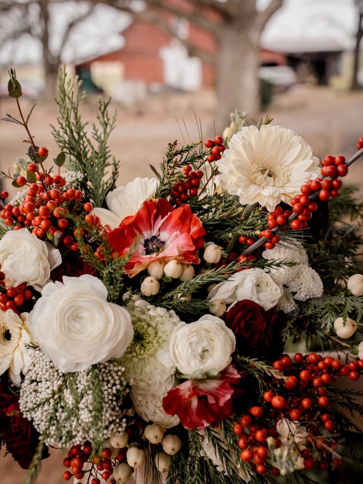 Close up of Christmas wedding bridal bouquet with barn in background.