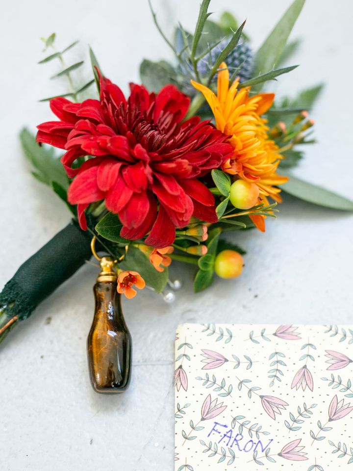 Flat lay photo with boutonniere and card.
