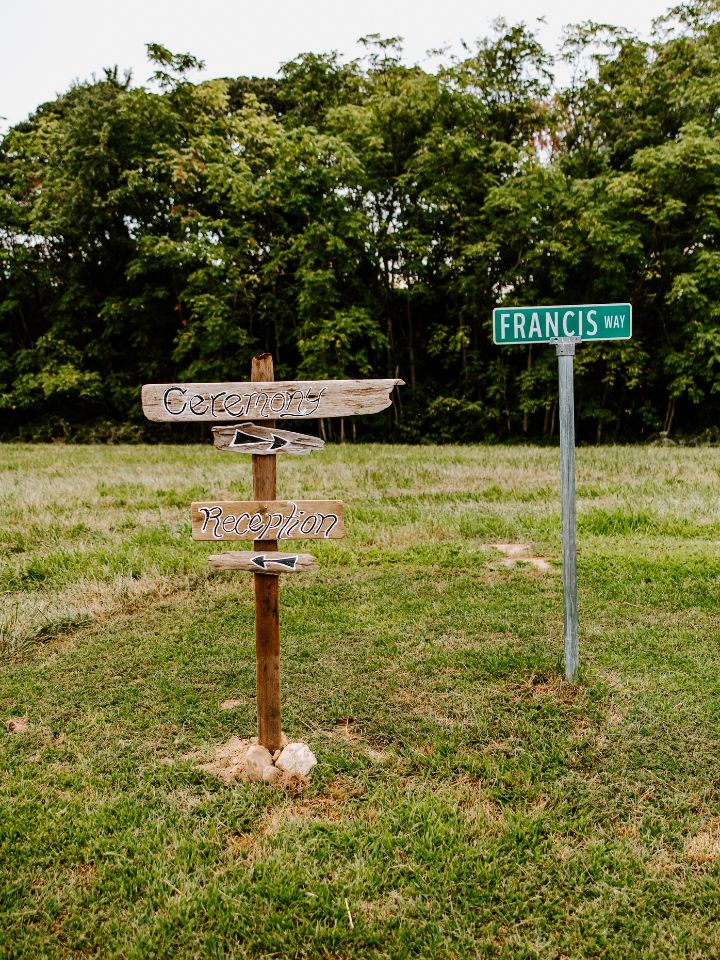 Two sign posts in a field guide the way for a wedding reception.