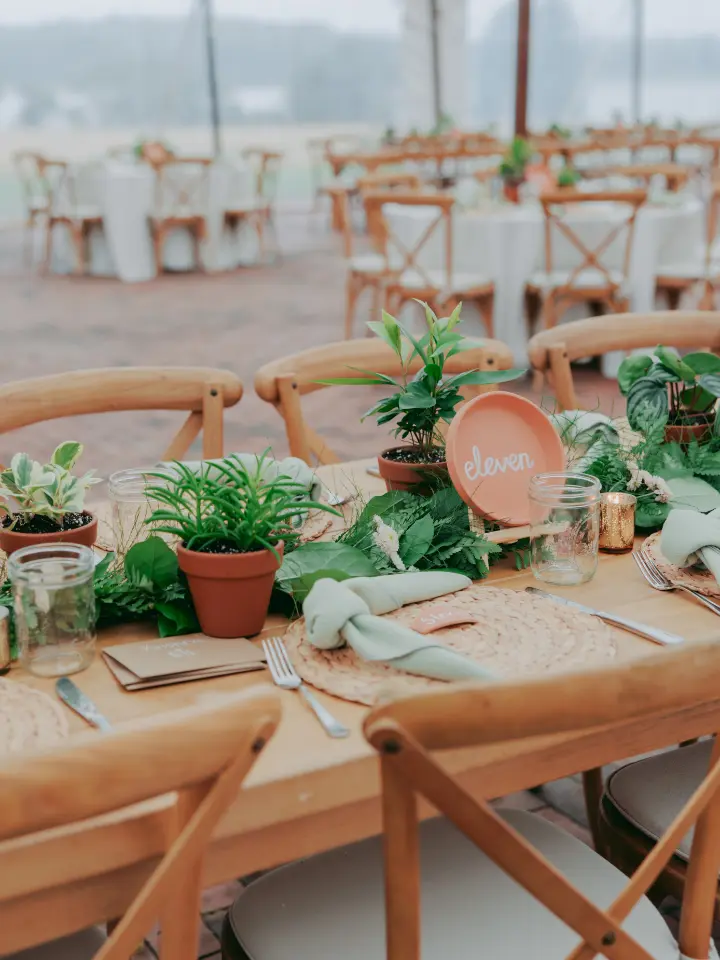 Wooden harvest table with potted plants as centerpieces