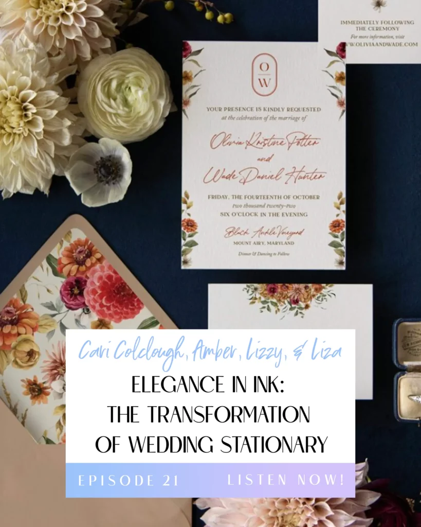 Episode Title Image for Episode 21, Elegance in Ink with a background of wedding stationery