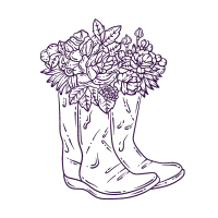 A purple hand drawn illustration of flowers inside boots