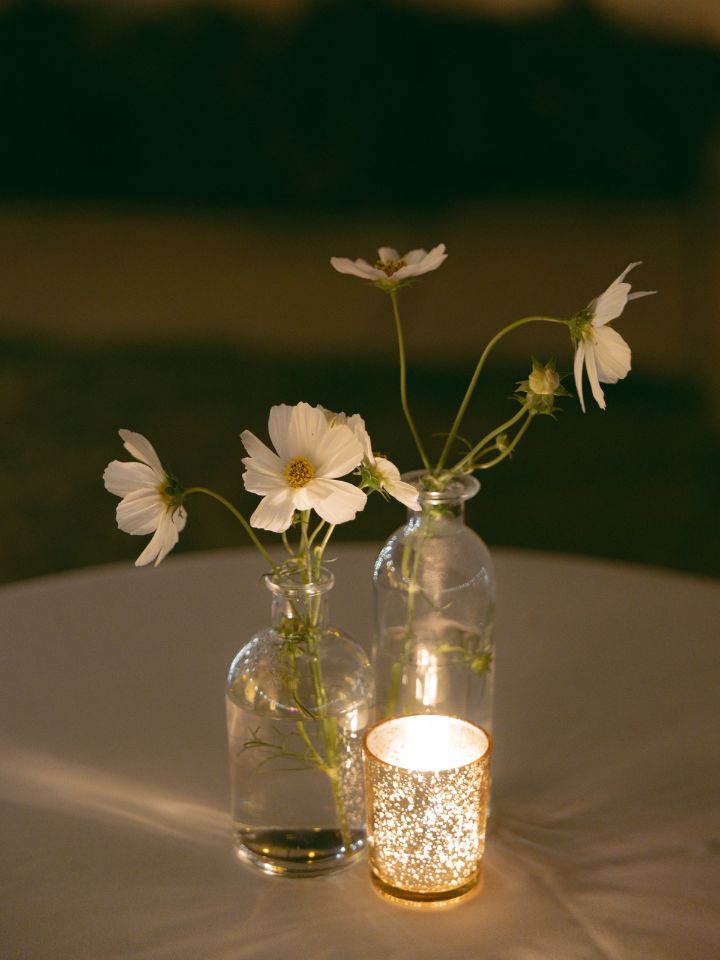 Dainty white blooms in a bud vase.