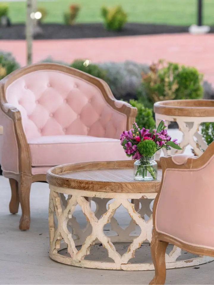 Pink lounge chairs from pretty little wedding co for unique wedding reception