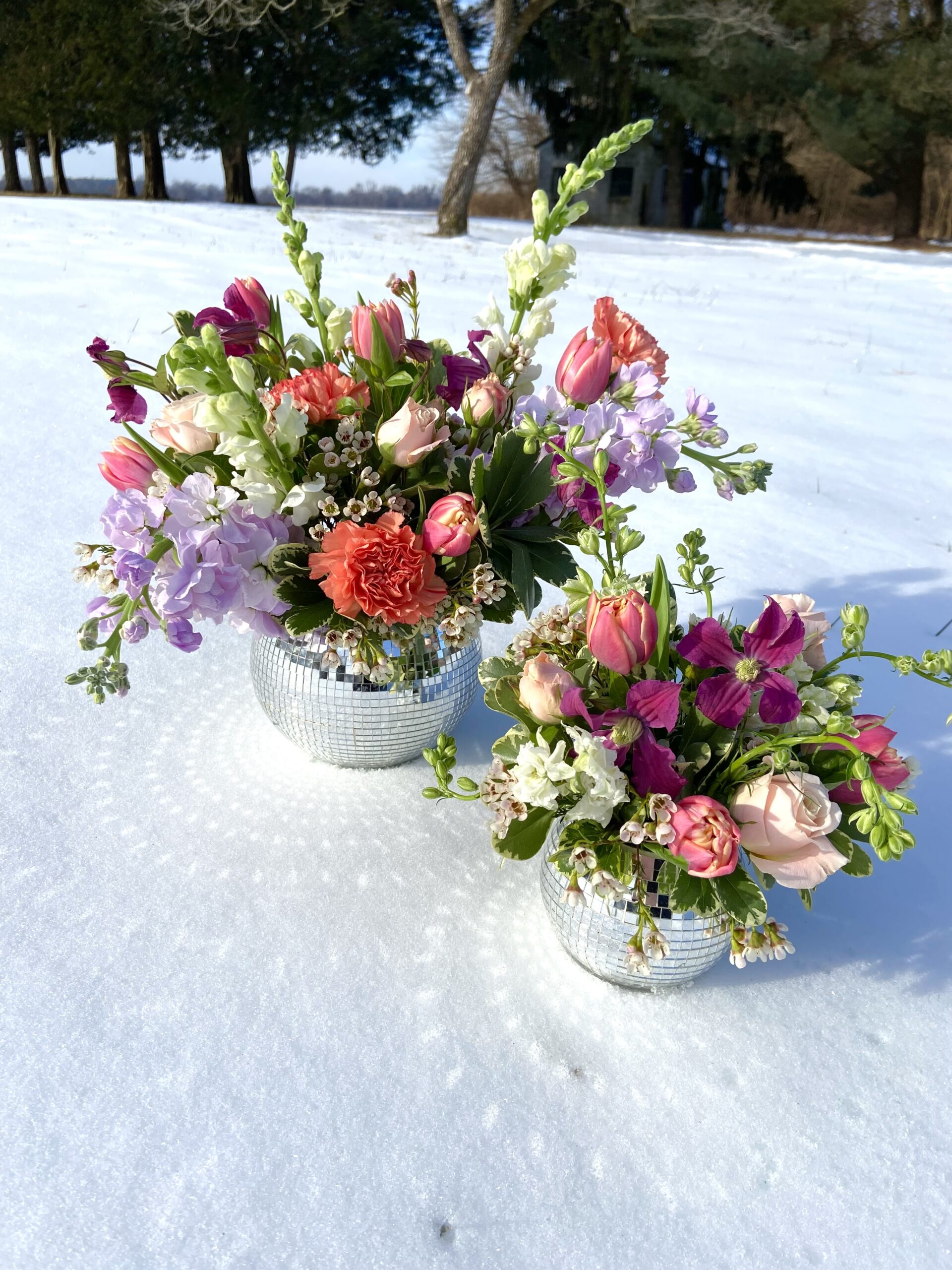 Disco Ball Flower Arrangements in bright pinks and purple for Valentines Day sit in the snow.