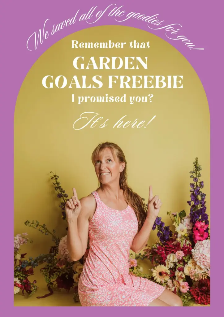 Liza looks up at text that says "garden goals freebie" in a purple frame.