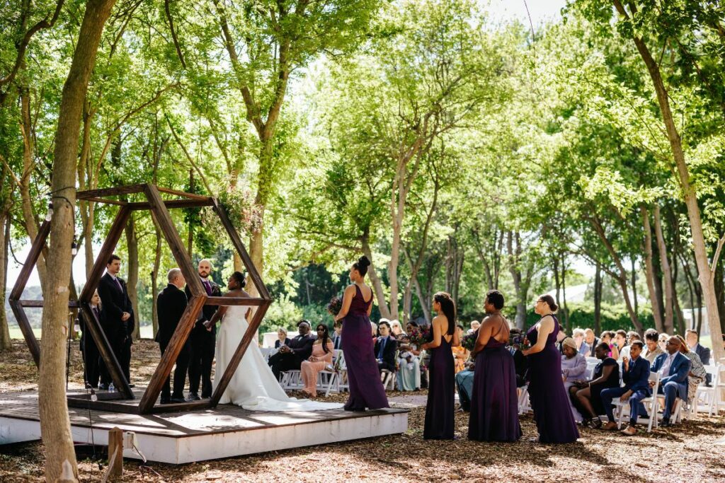 Looking out from behind a wedding ceremony at the bridal party and guests.