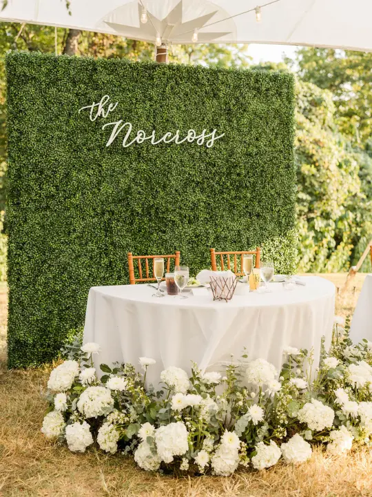 white-florals-surrounding-half-moon-sweetheart-table A white half-moon sweetheart table with white florals surrounding the base by Wildly Native Flower Farm